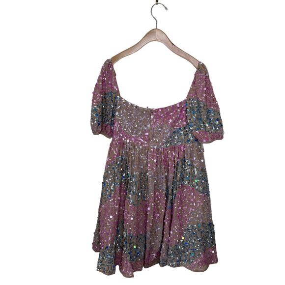 ASOS MAYA DELUXE Puff Sleeve Sequin Mini dress Eras Tour in Pink Blue 4 - Picture 2 of 9